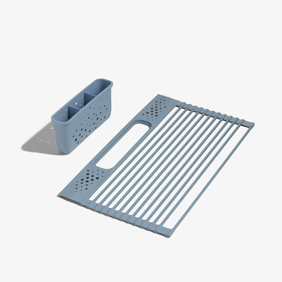 Over Sink Stainless Roll-Up Dish Drying Rack with Storage Basket