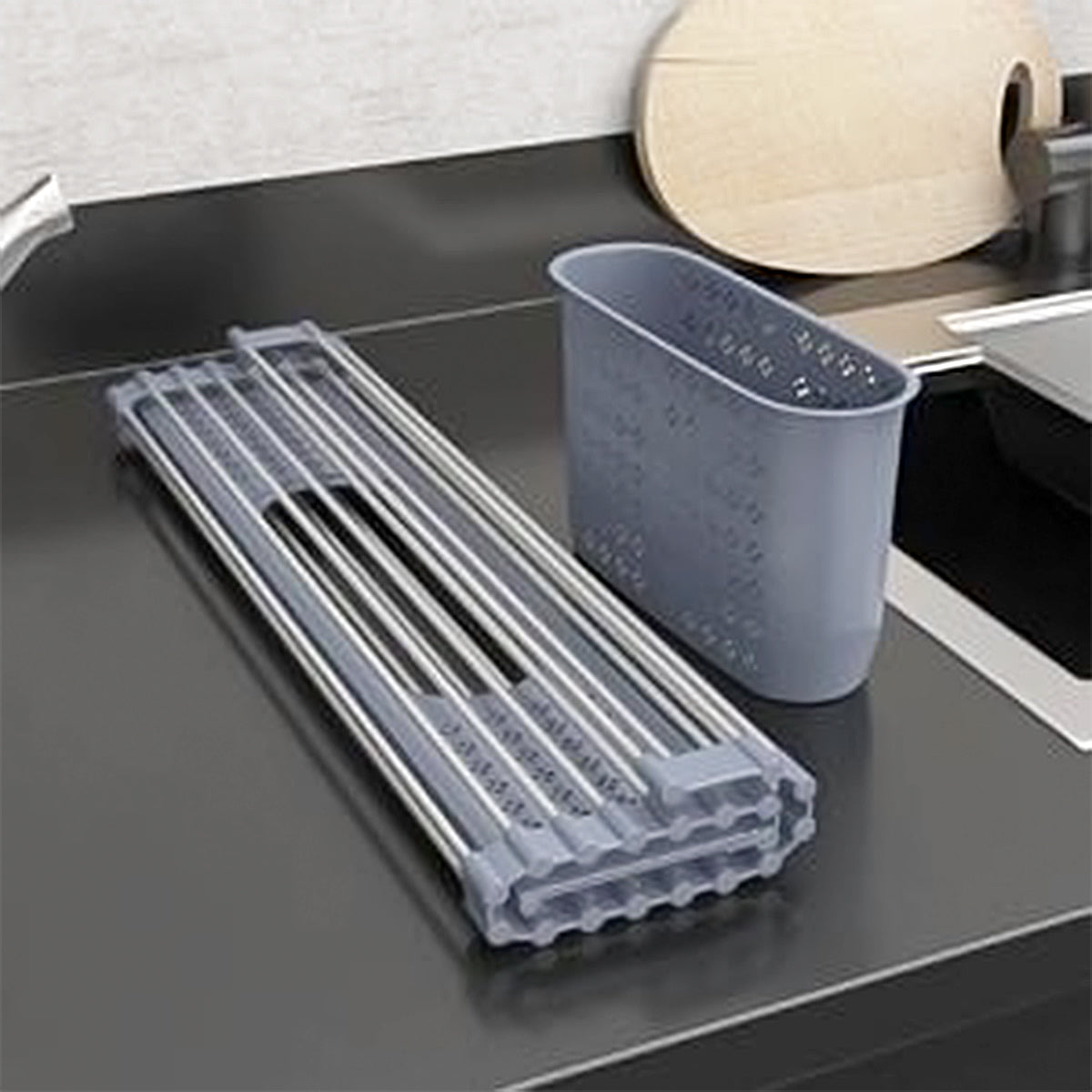 Over Sink Stainless Roll-Up Dish Drying Rack with Storage Basket