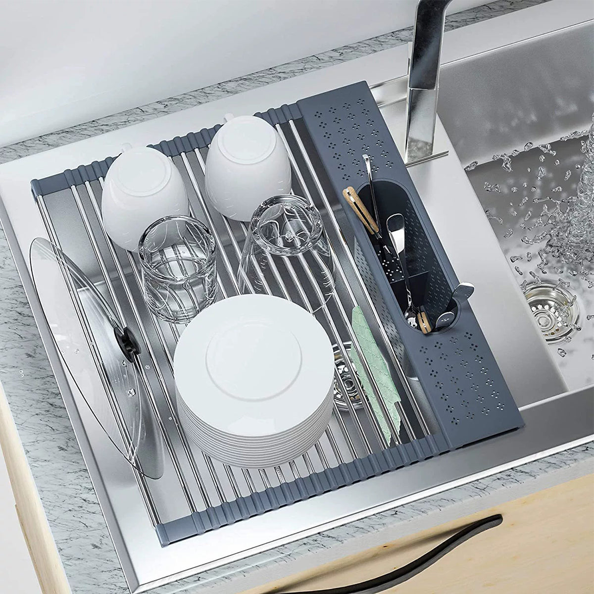 Over Sink Stainless Roll-Up Dish Drying Rack with Storage Basket