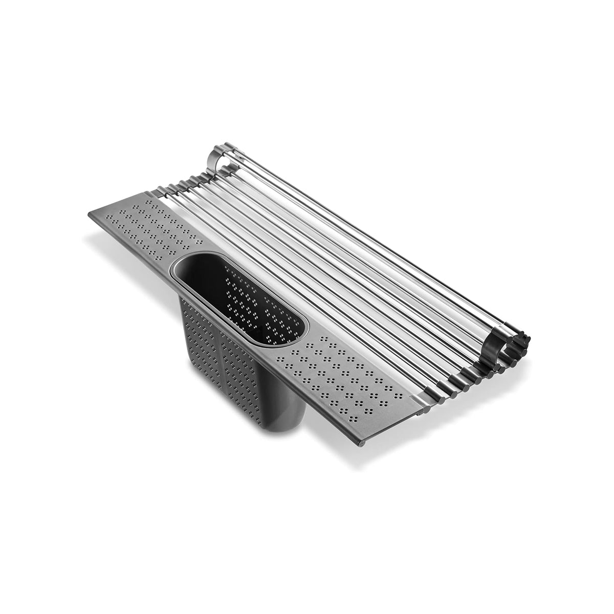 Over Sink Stainless Roll-Up Dish Drying Rack with Storage Basket