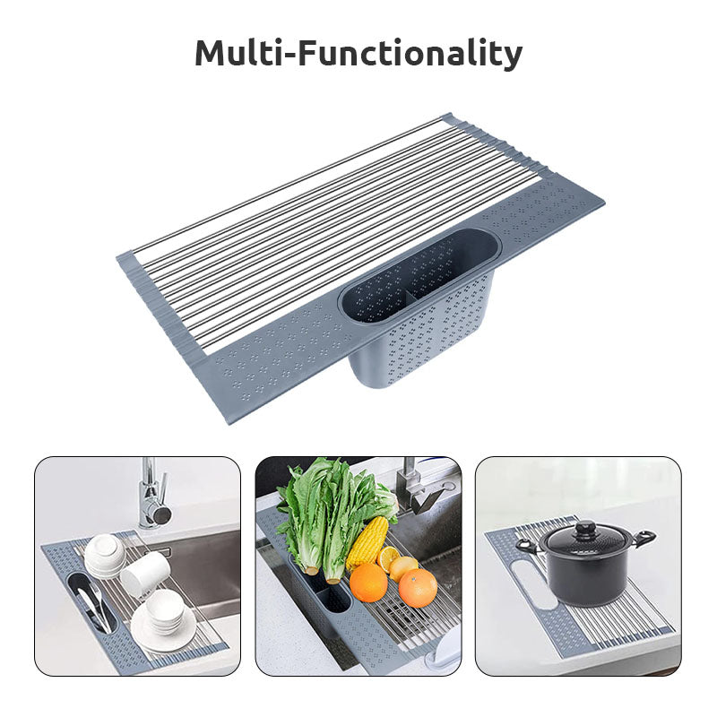 Over Sink Stainless Roll-Up Dish Drying Rack with Storage Basket