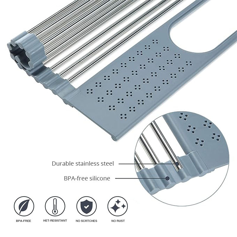 Over Sink Stainless Roll-Up Dish Drying Rack with Storage Basket