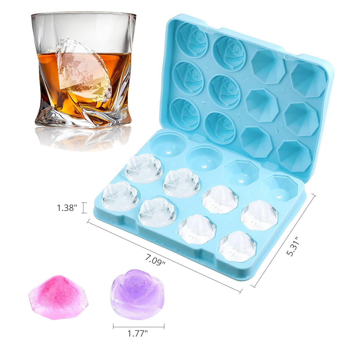 Rose & Diamond Silicone Ice Mold – 12 Large Ice Cubes