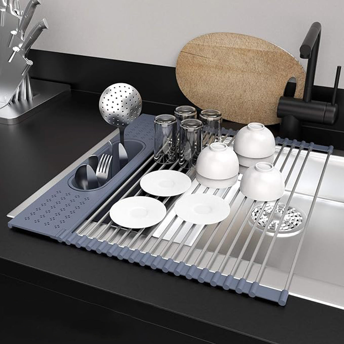 Over Sink Stainless Roll-Up Dish Drying Rack with Storage Basket