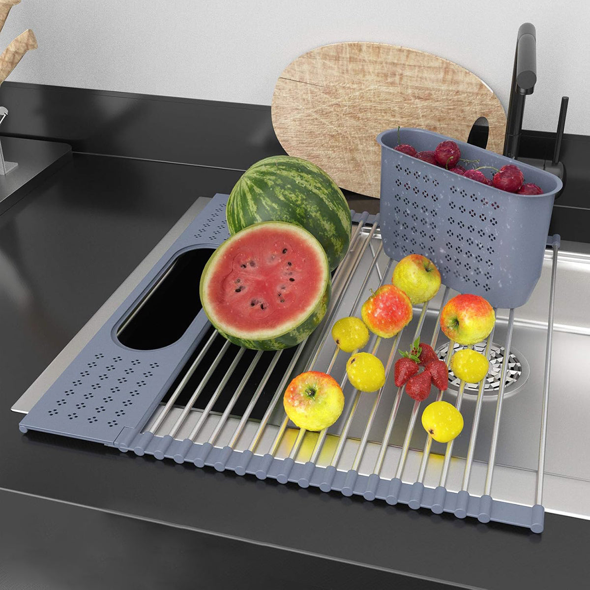 Over Sink Stainless Roll-Up Dish Drying Rack with Storage Basket