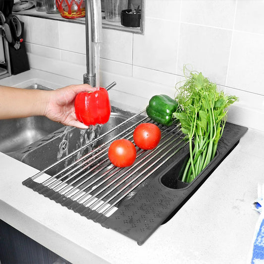 Over Sink Stainless Roll-Up Dish Drying Rack with Storage Basket