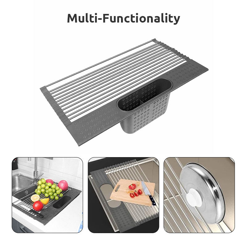 Over Sink Stainless Roll-Up Dish Drying Rack with Storage Basket