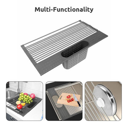 Over Sink Stainless Roll-Up Dish Drying Rack with Storage Basket