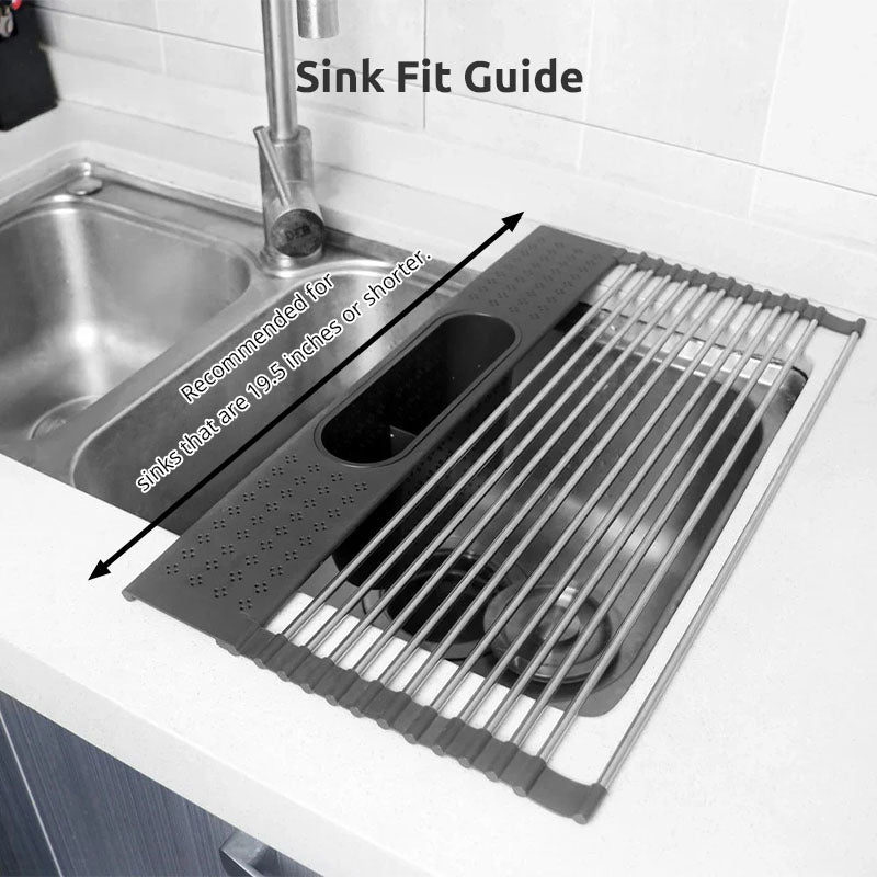 Over Sink Stainless Roll-Up Dish Drying Rack with Storage Basket